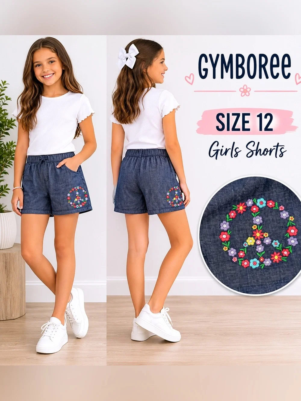 Gymboree Girls Chambray Shorts Floral Peace Sign summer style Size 12
